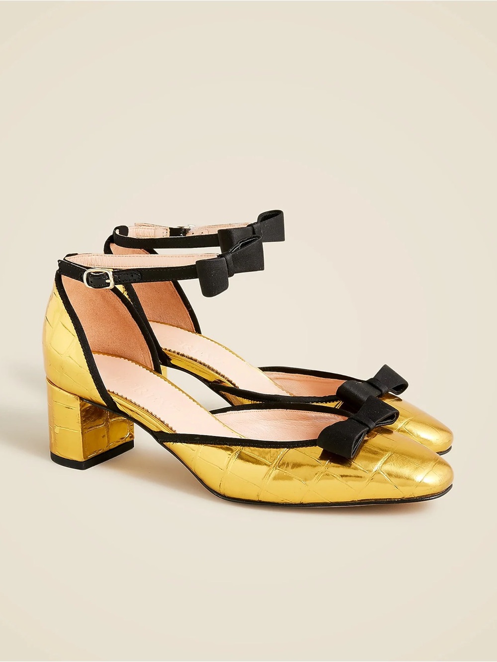 J. Crew Gold Metallic Block Heel Pumps with Black Bows